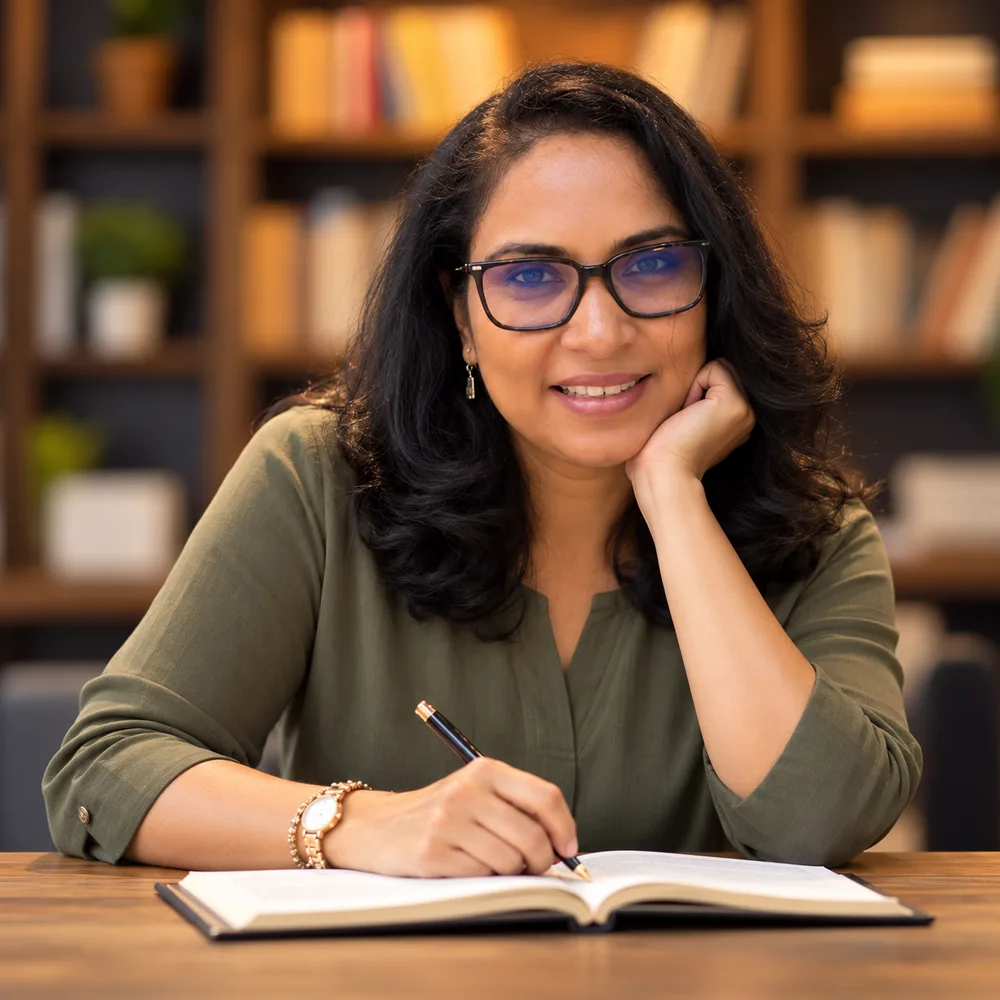 Cynthia J Singh, Behavioural Skills Consultant, smiling at her desk in a green top