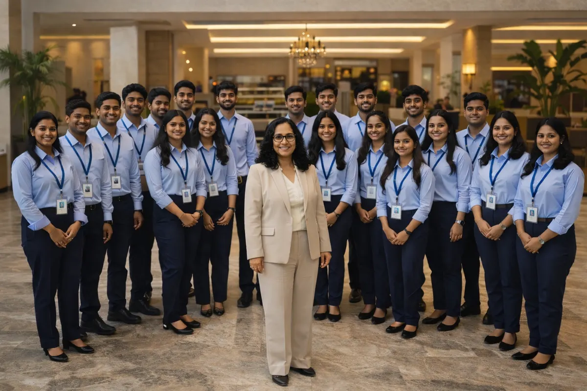 Cynthia standing with a group of uniformed trainees in a hotel lobby